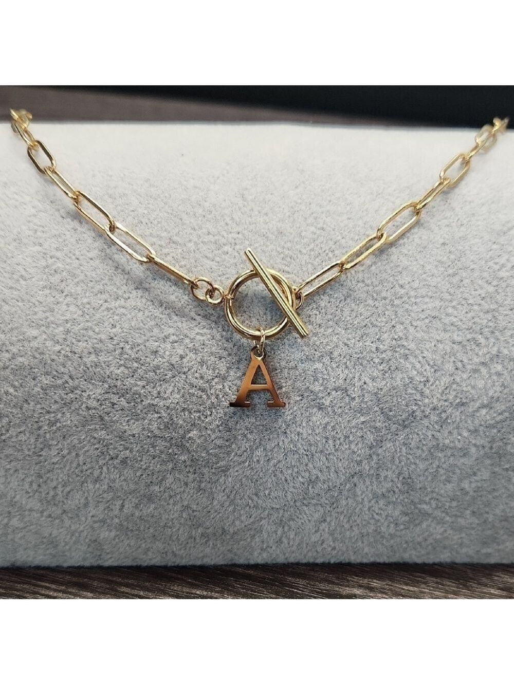 18k Gold Plated Stainless Paperclip Necklace with Toggle and A Initial Pendant - Picture 5 of 7